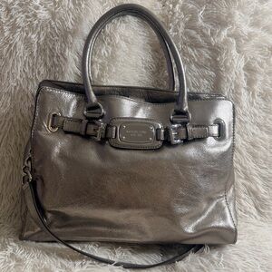 Michael Kors Hamilton Silver Gun Metal Metallic LG Leather Satchel Shoulder Bag